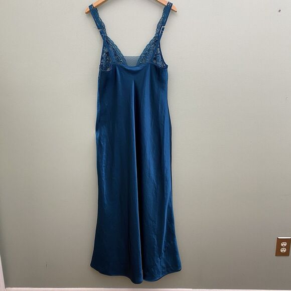 VTG Victorias Secret Long Satin Slip Dress Side Slit Lace Green Blue Large - Picture 2 of 9